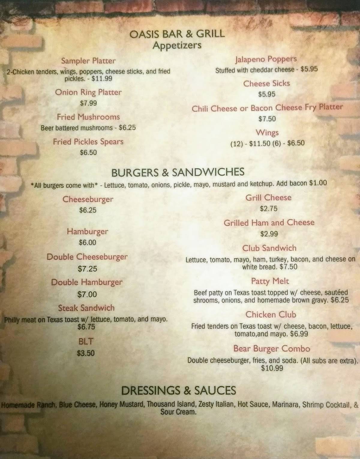 Menu at Oasis Bar & Grill, Cottondale