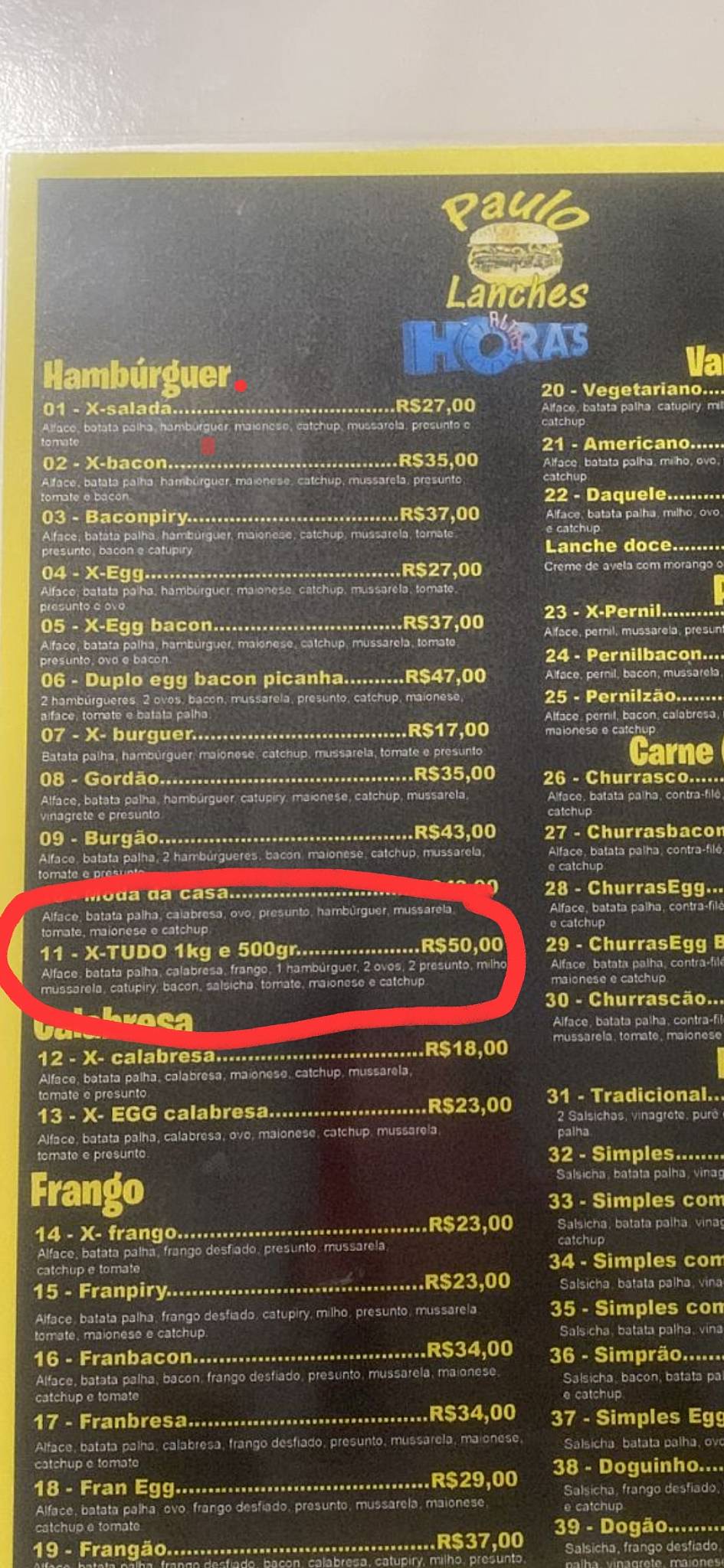 Paulo Lanches cardápio