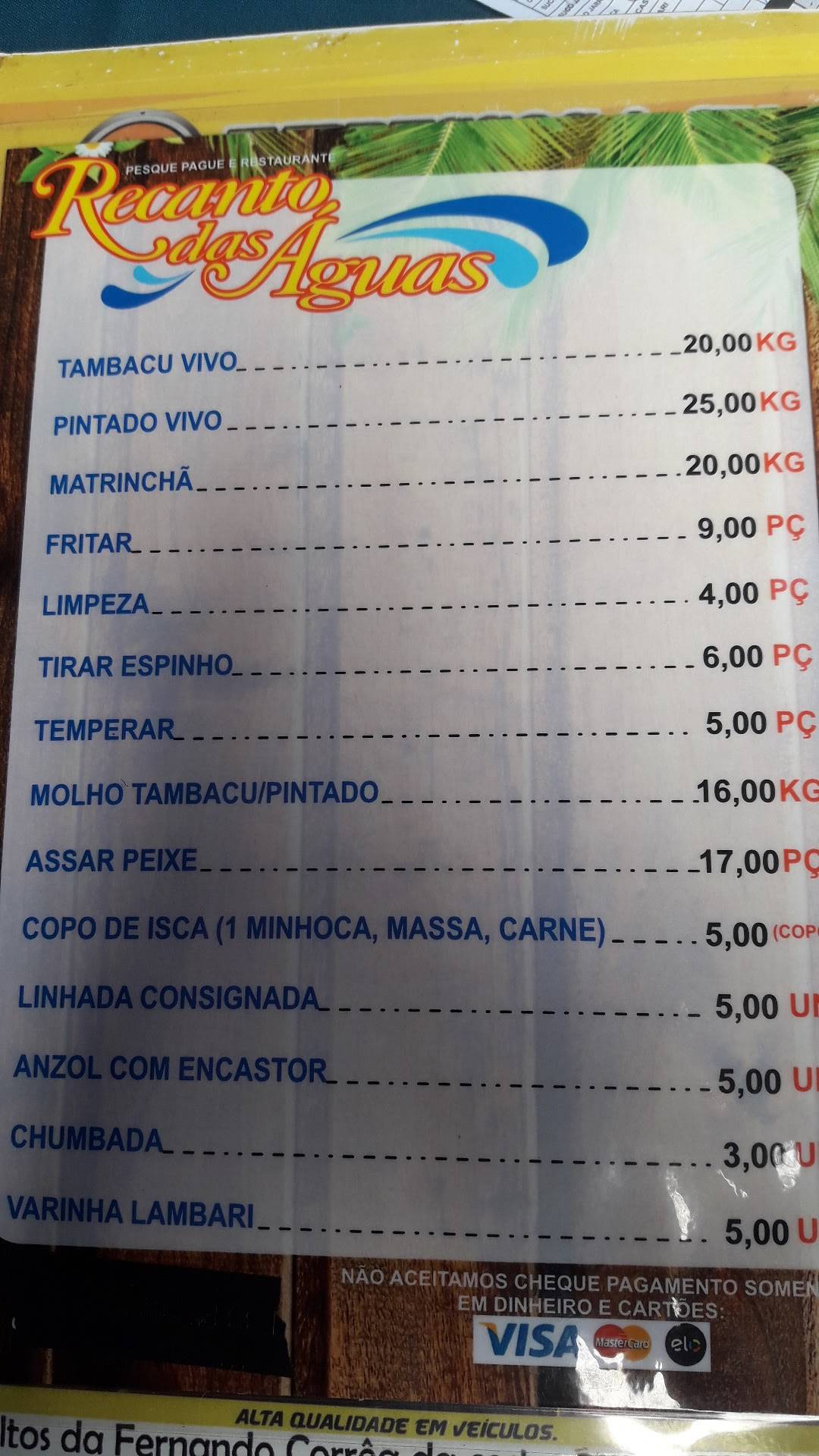 Pesque-Pague Recanto das Águas cardápio