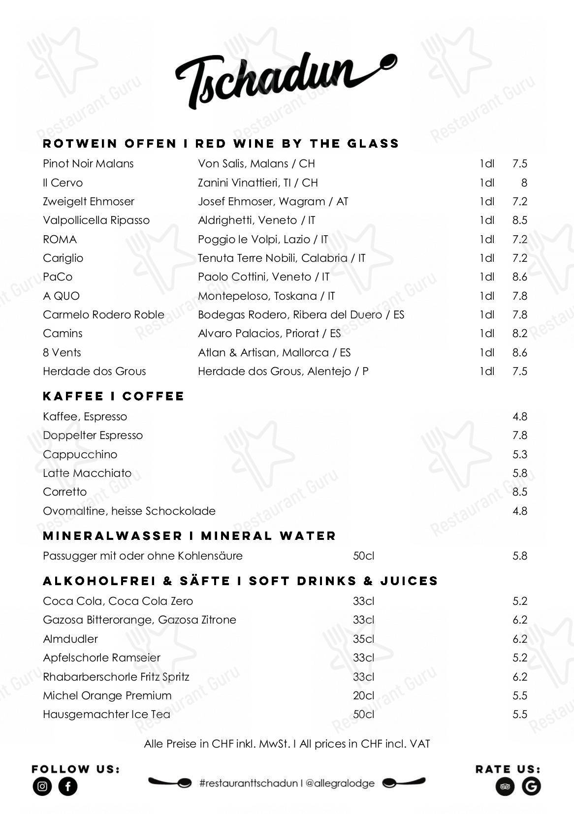 Menu Drinks per Restaurant & Bar Tschadun in Kloten