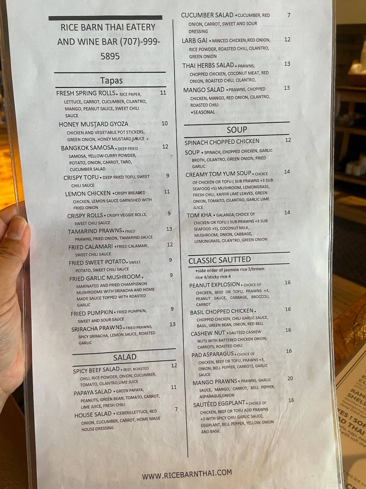 Menu at Rice Barn Thai Eatery and Wine Bar, Vacaville