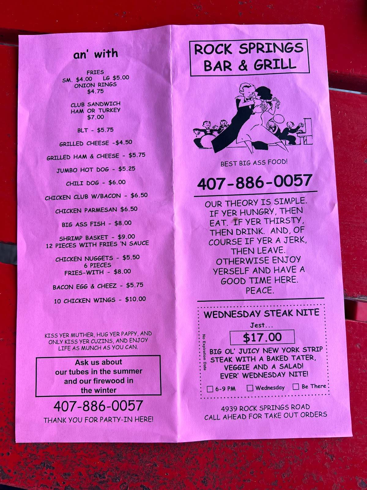 Menu at Rock Springs Bar & Grill, Apopka