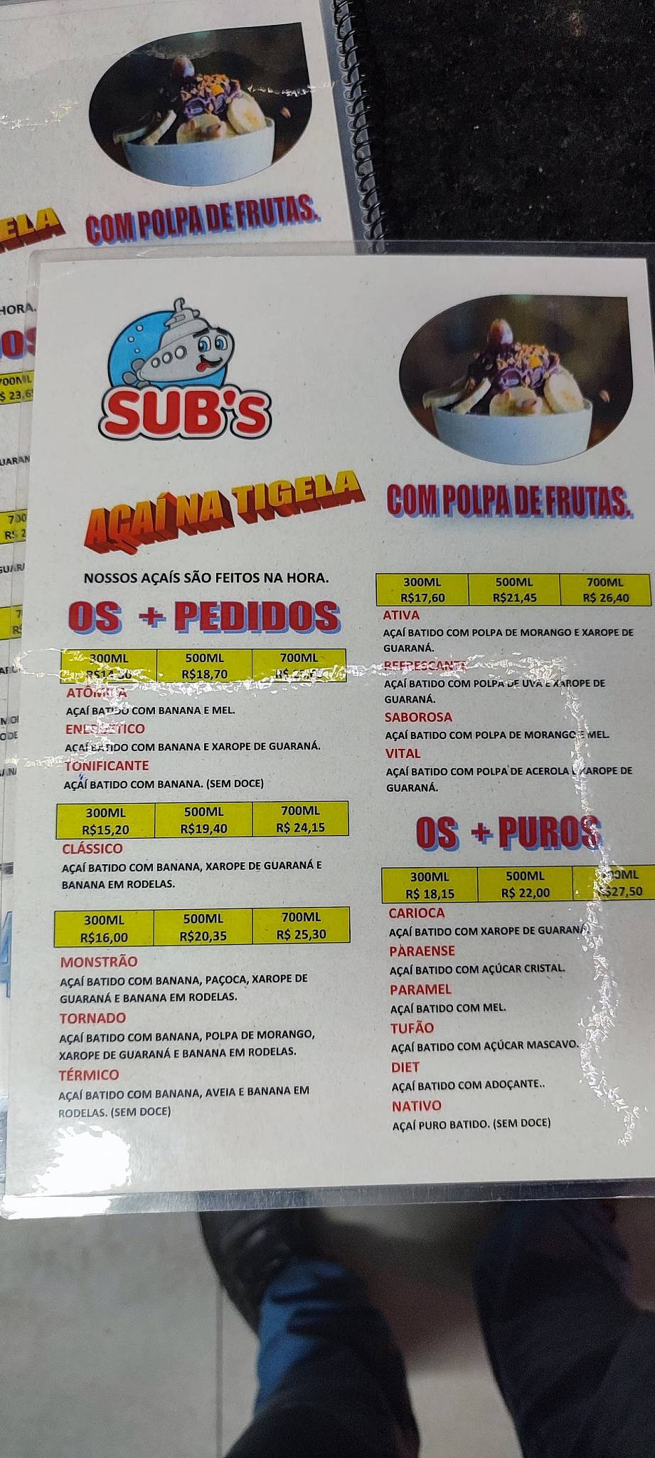 Sub's Açaí cardápio