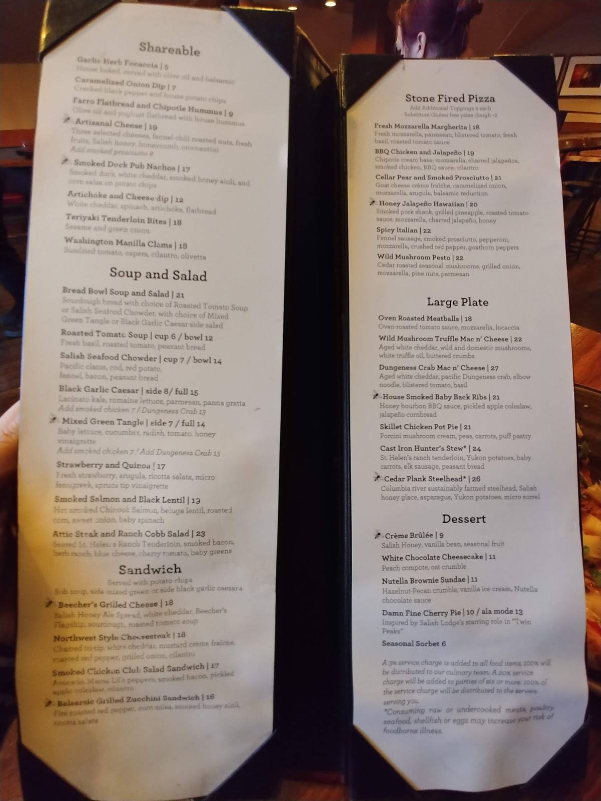 Menu at The Attic at Salish Lodge restaurant, Snoqualmie