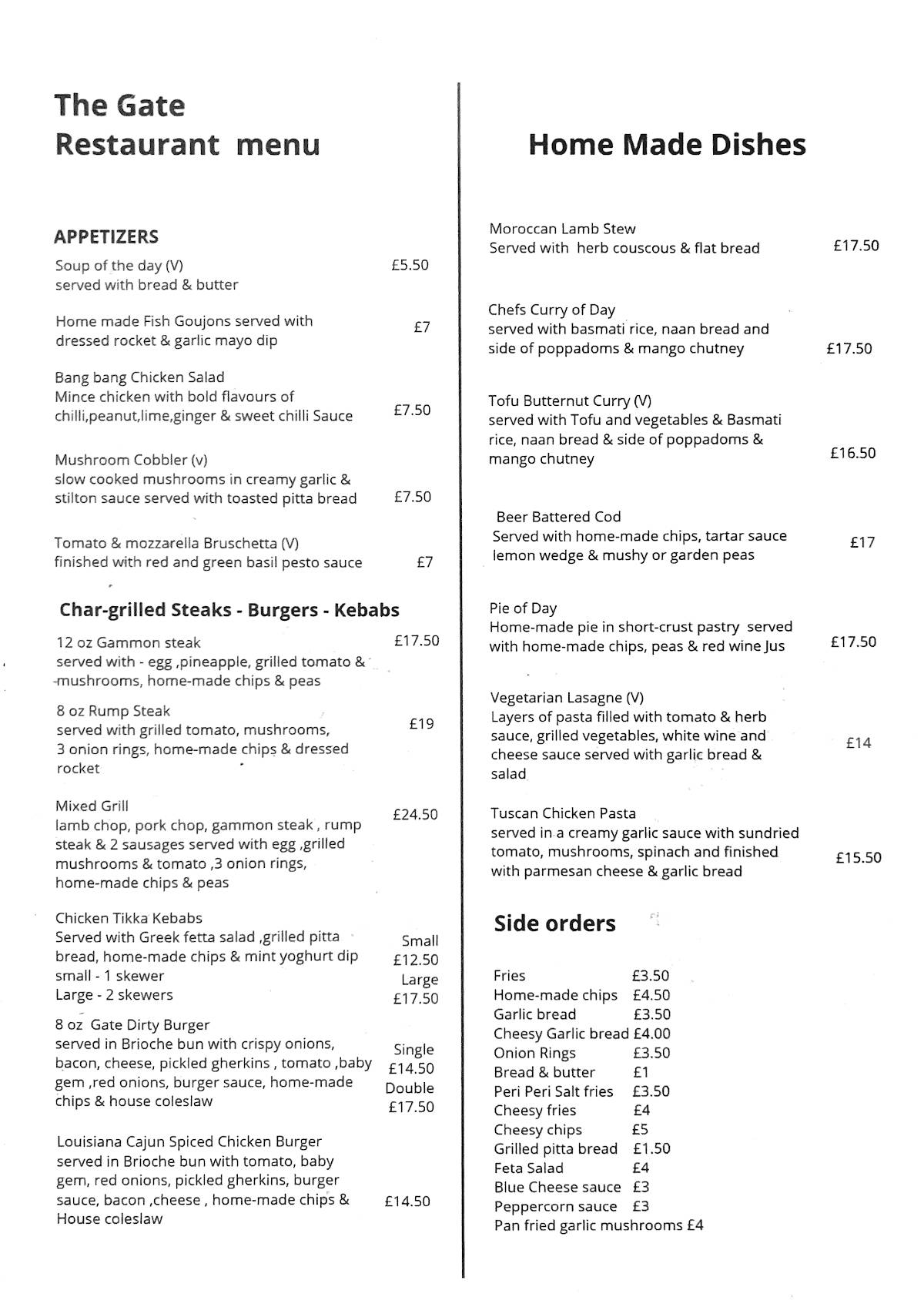Menu at The Gate Inn pub & bar, Nether Whitacre, Gate Ln