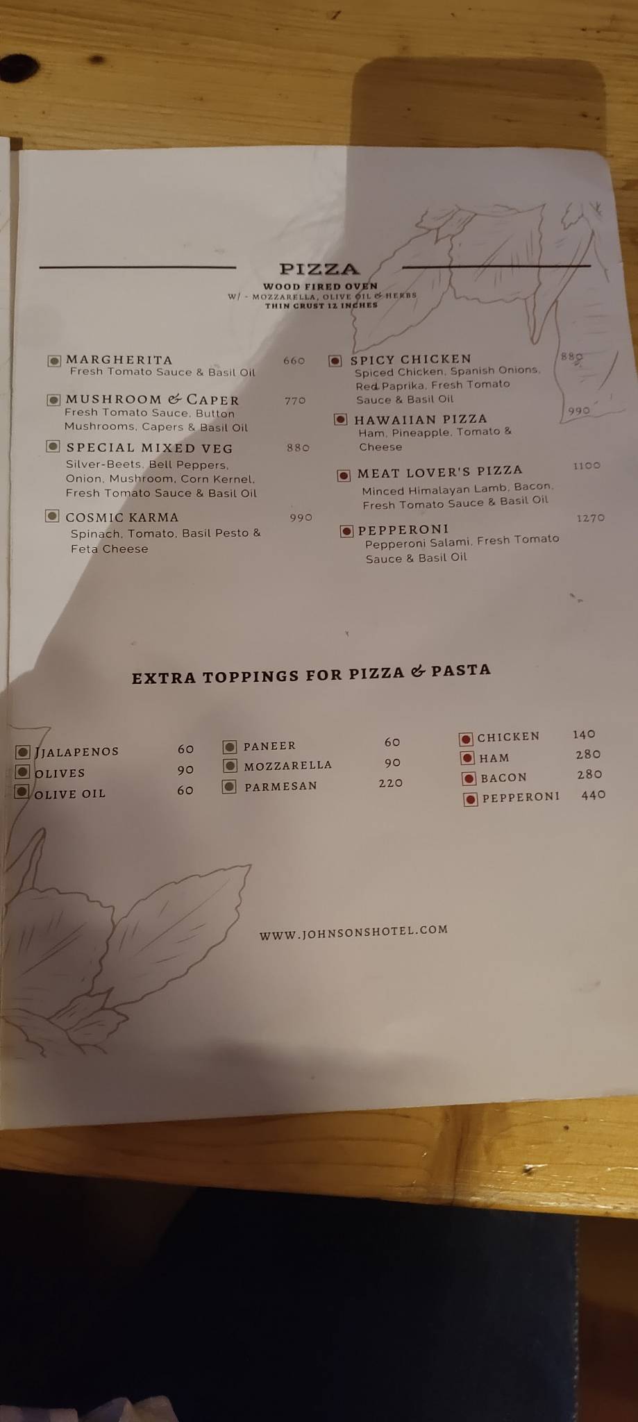 The Johnson's Cafe Hotel & Bar menu