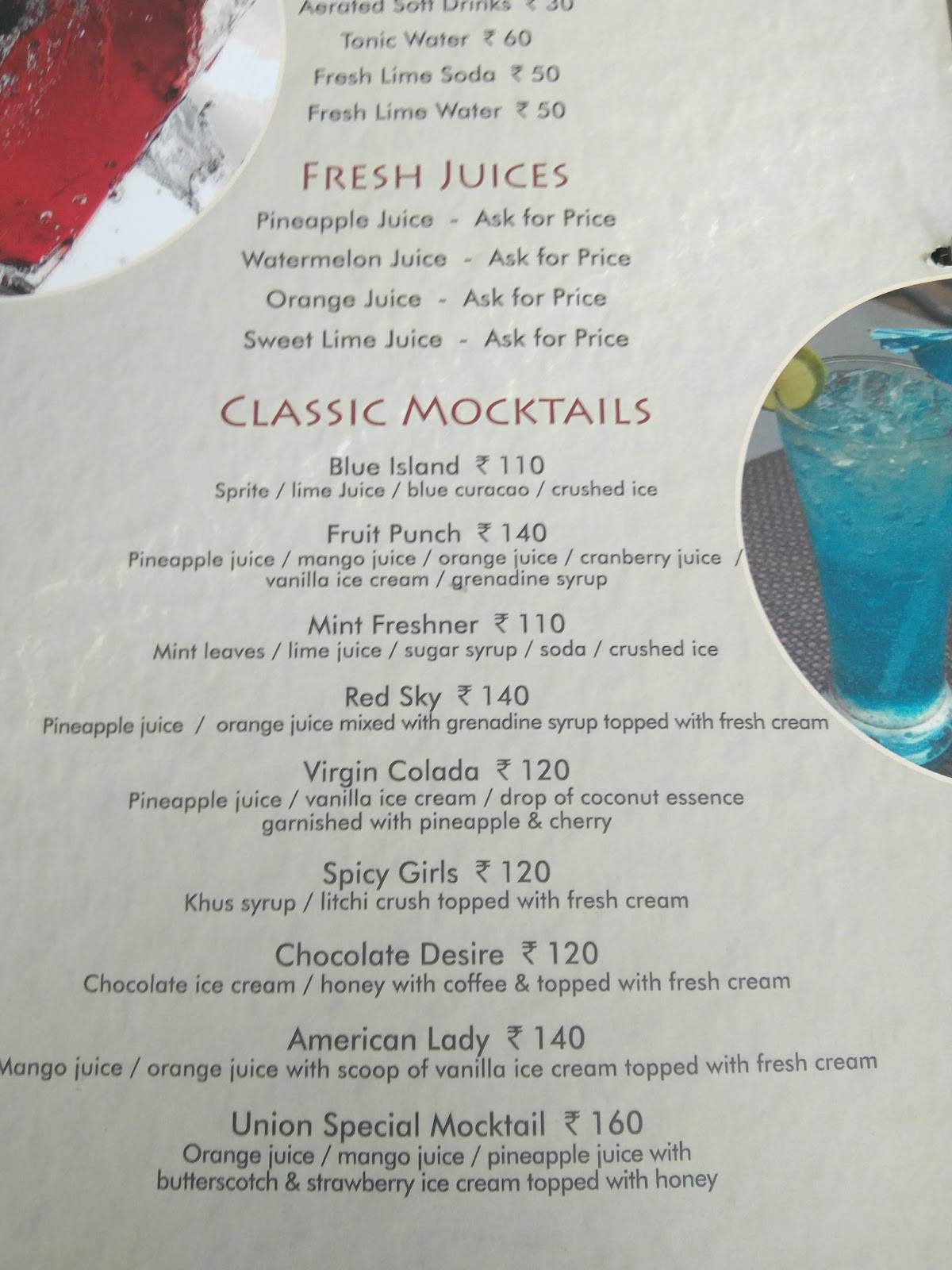 Union Restaurant Bar And Cafe menu