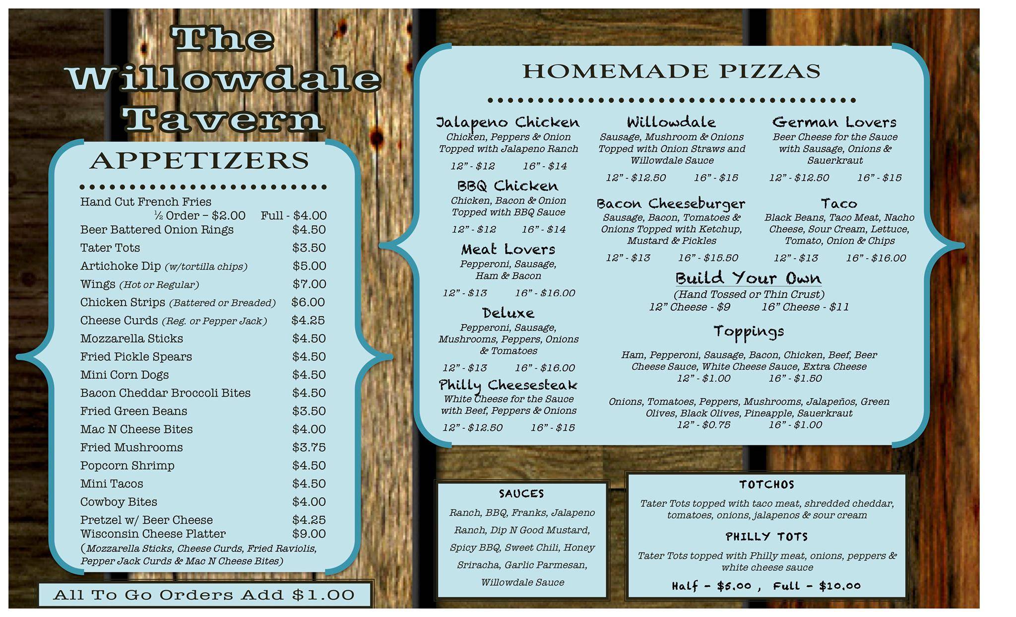 Menu at Willowdale Tavern pub & bar, Janesville