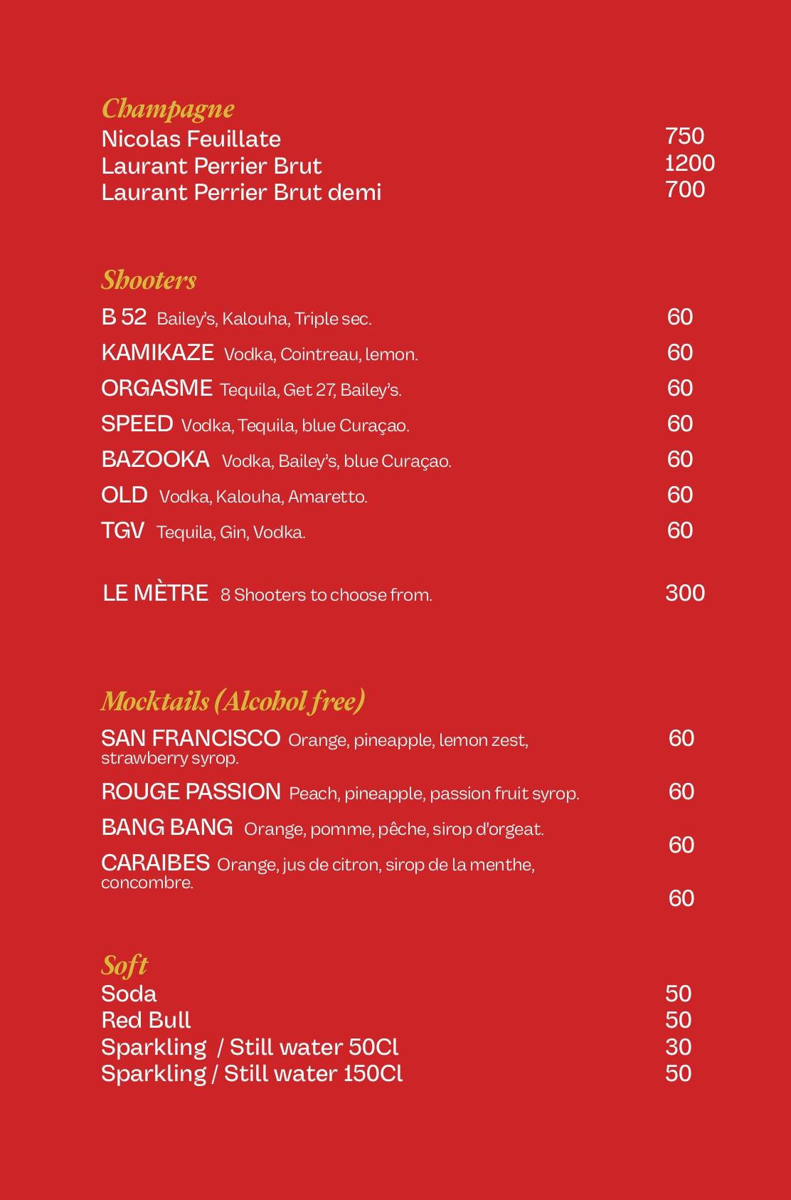 Menu de L'ENVERS Electro Bar Marrakech