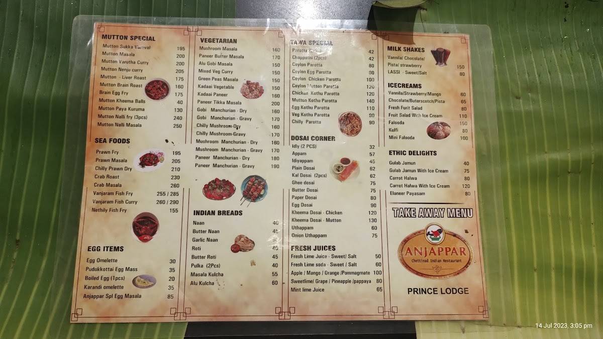 ANJAPPAR CHETTINAD A/C RESTAURANT menu