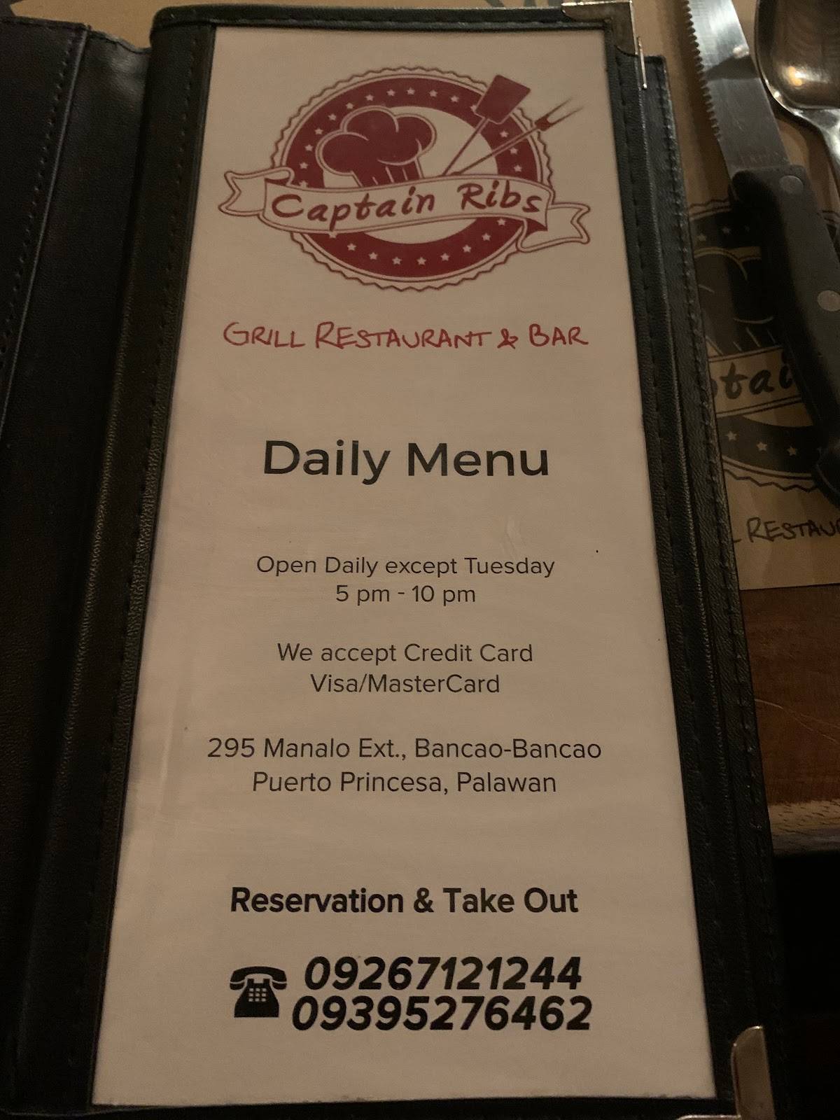 Menu at CAPTAIN RIBS restaurant, Puerto Princesa, BGY
