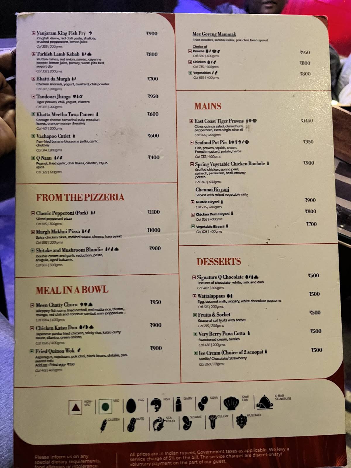 Q Bar menu