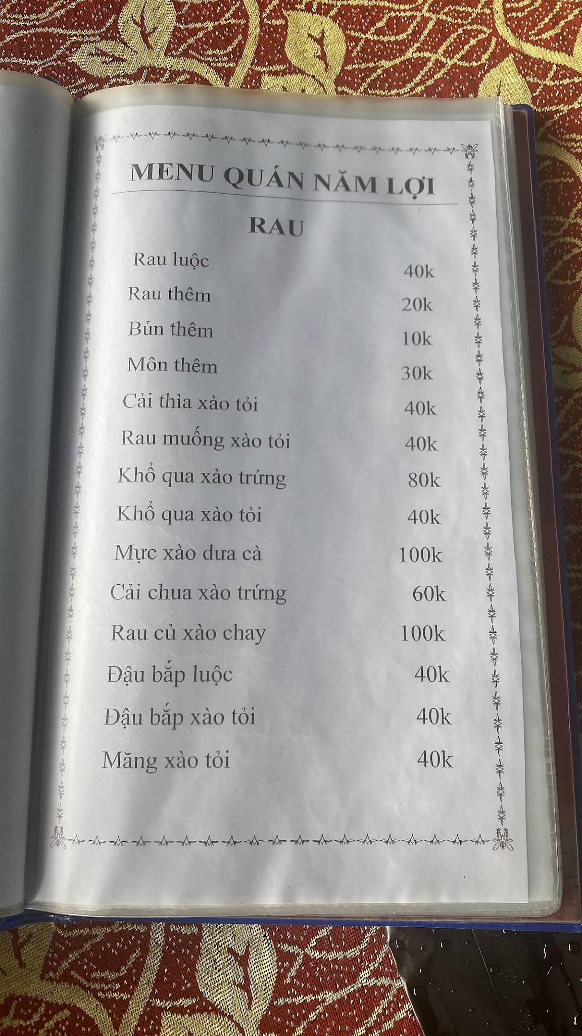 Menu at Quán ăn Năm Lợi restaurant, Ho Chi Minh City