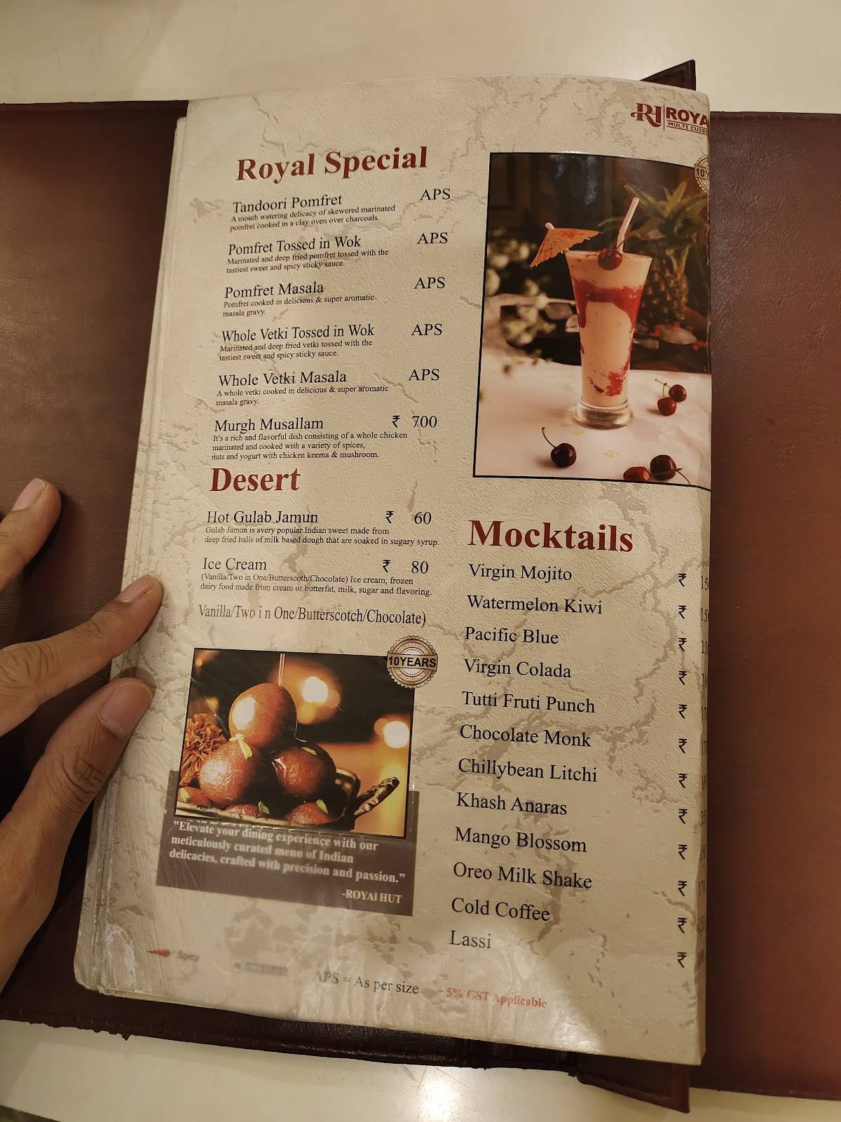 ROYAL HUT RESTAURANT & CATERER menu