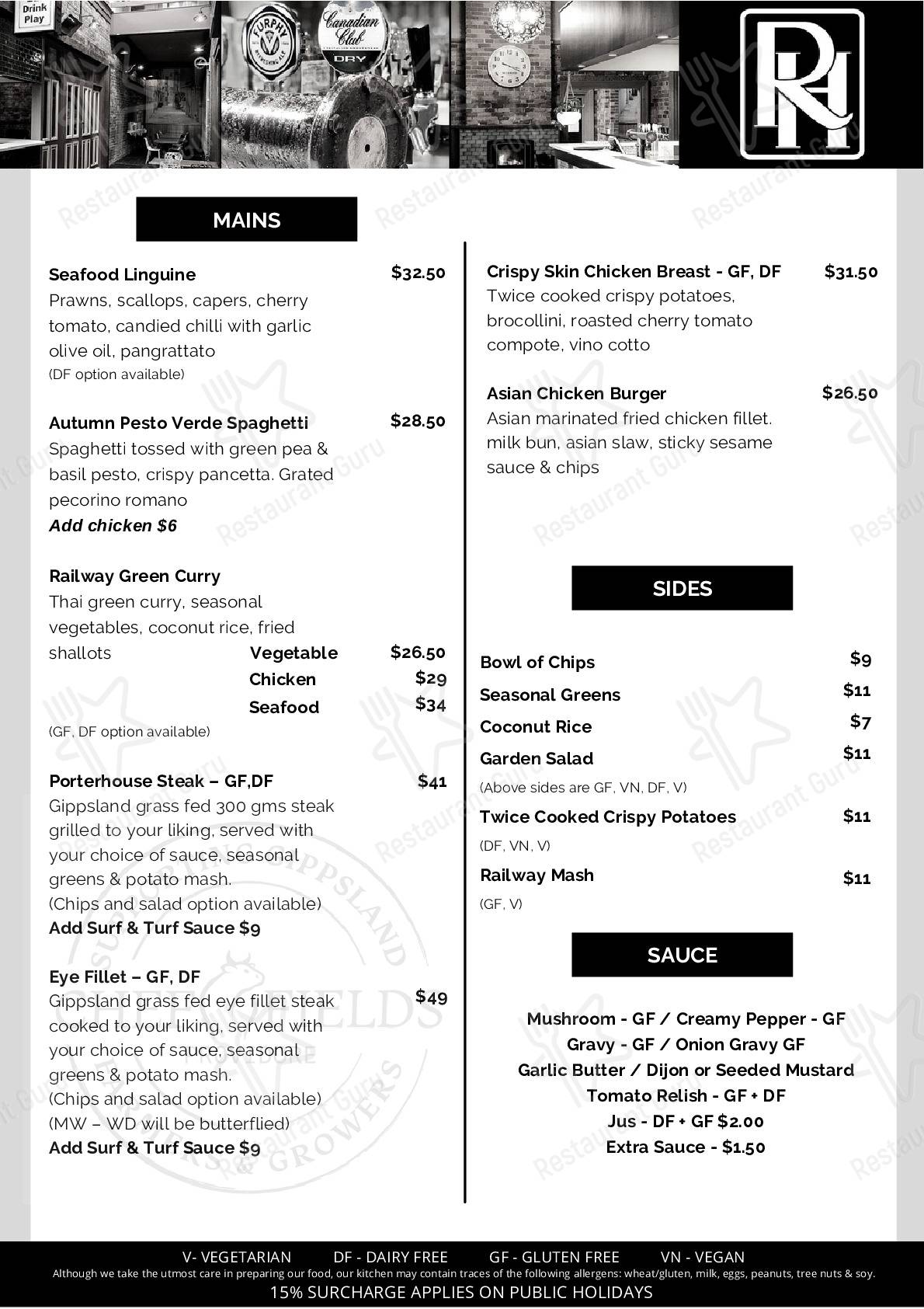 Menu at Railway Hotel pub & bar, Warragul