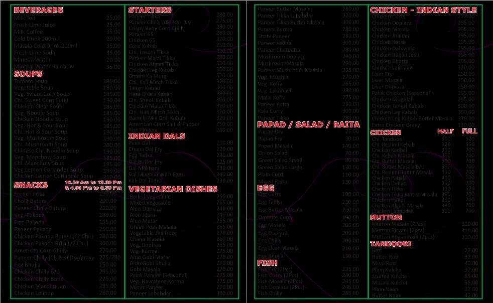 Rainbow Restaurant menu