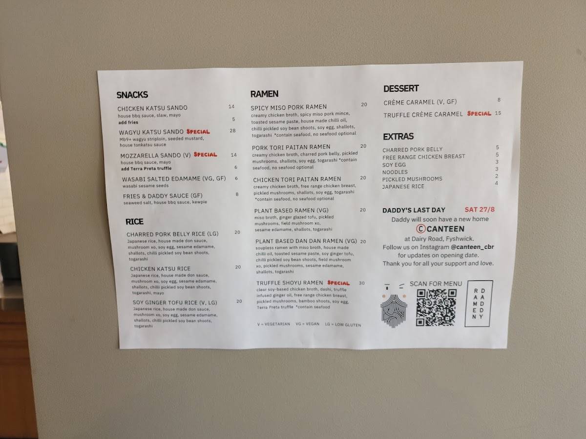 Menu at Ramen Daddy Canteen restaurant, Fyshwick