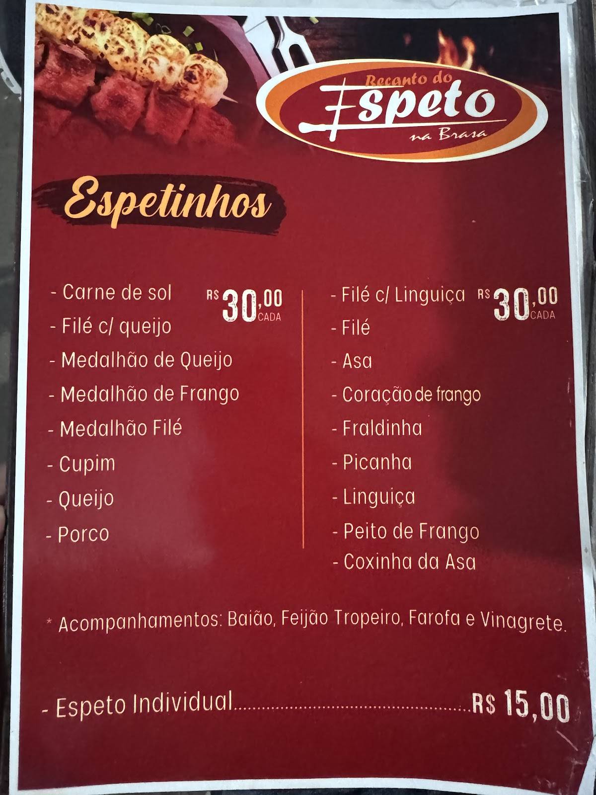 Recanto do Espeto na Brasa cardápio