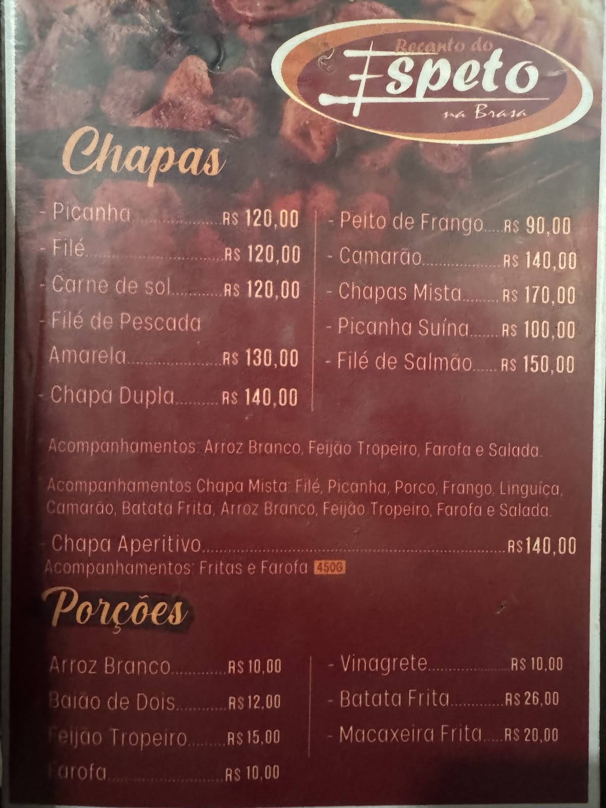 Recanto do Espeto na Brasa cardápio
