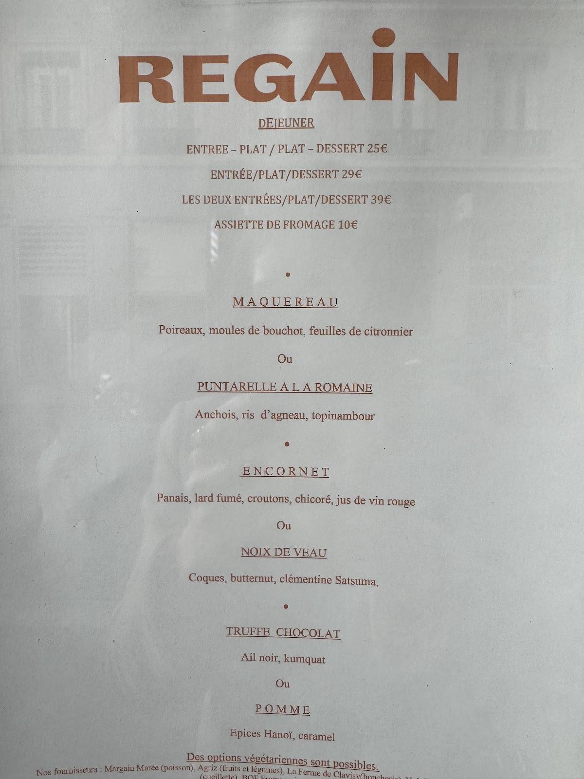 Menu de Regain restaurant LYON