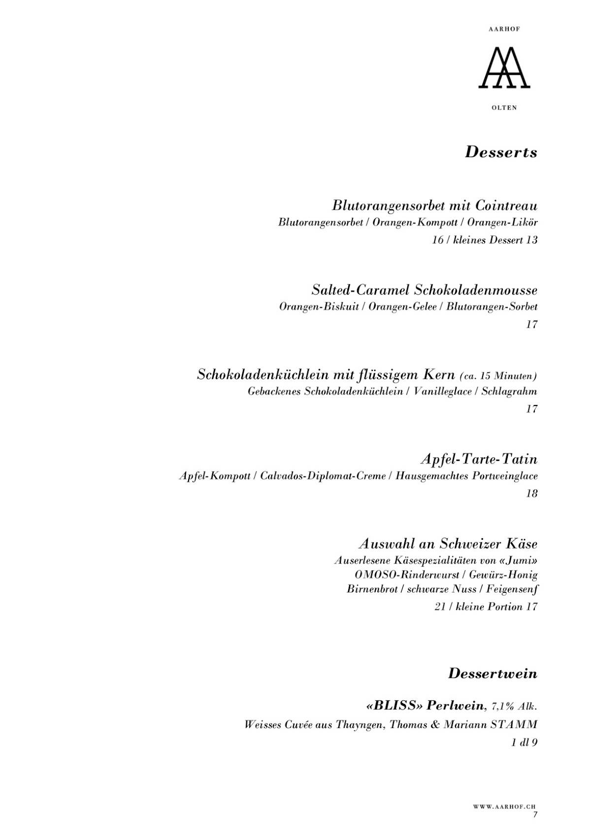 Menu de Restaurant Aarhof