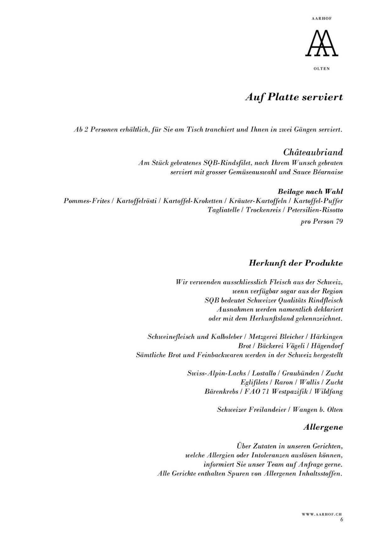 Menu de Restaurant Aarhof