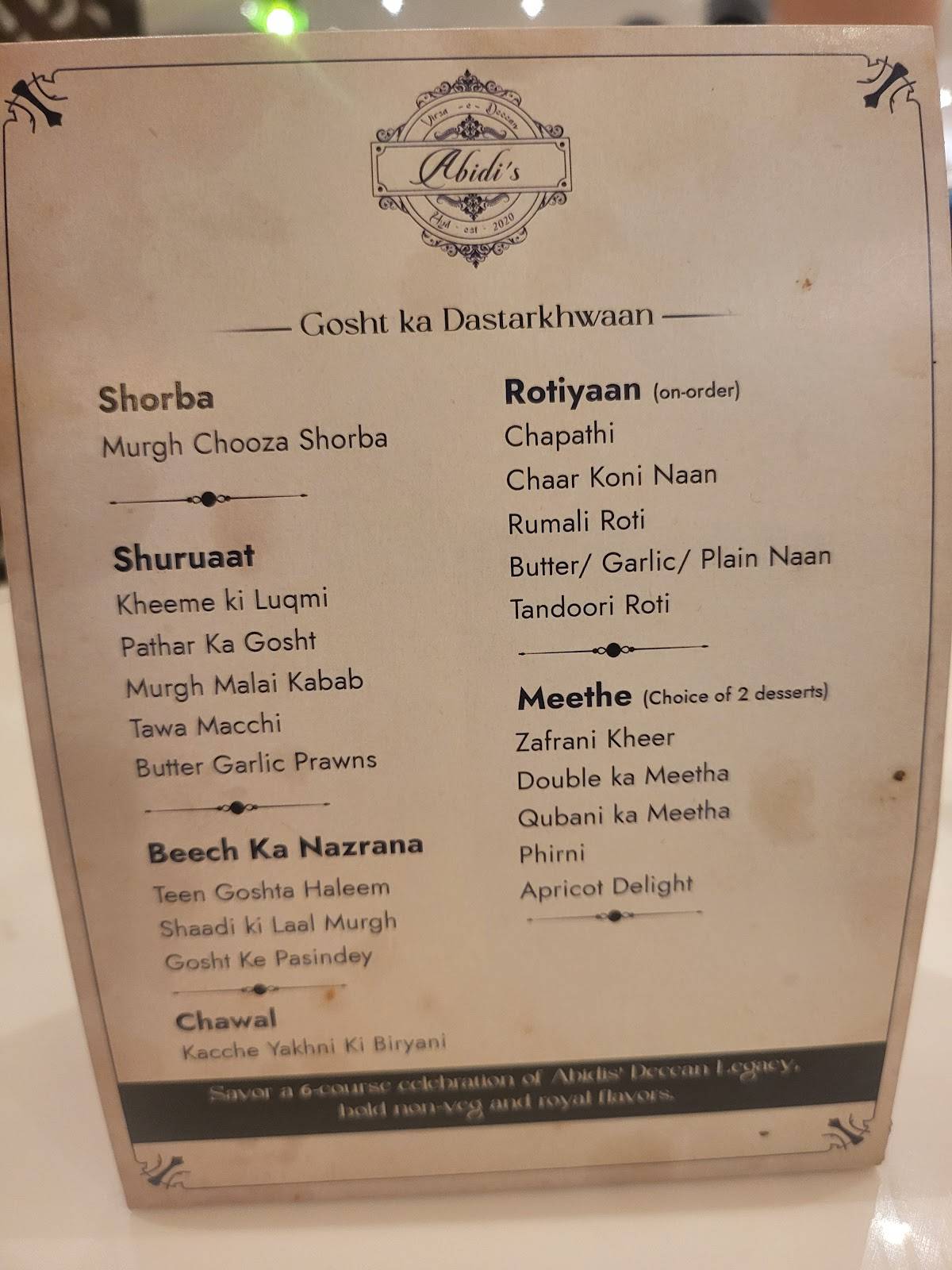 Abidi's Virsa-e-Deccan menu