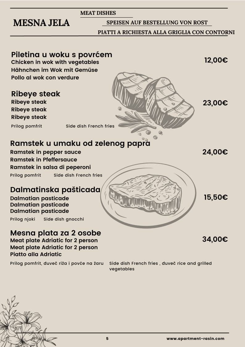 Menu di Restaurant Adriatic and Apartments Villa Ruža 