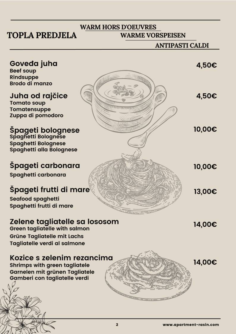 Menu di Restaurant Adriatic and Apartments Villa Ruža 