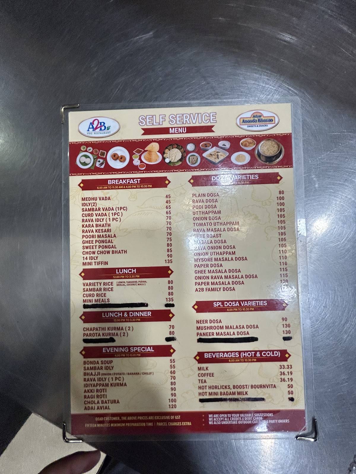 Adyar Ananda Bhavan - A2B menu
