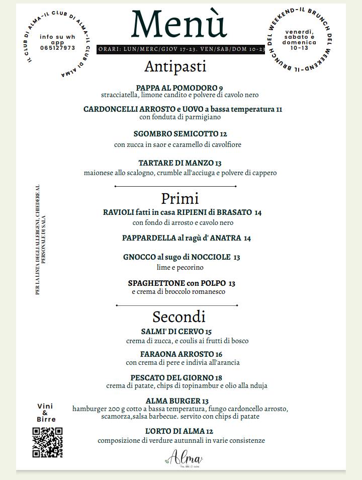 Menu di Alma vino, dolci e cucina 