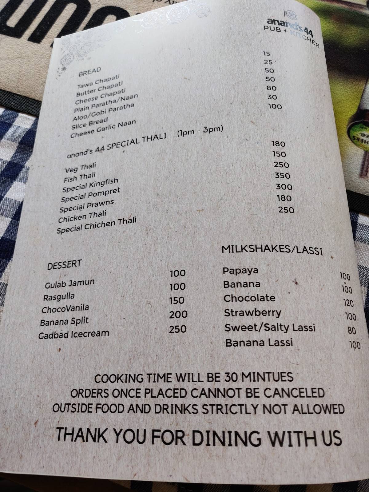 Anand's 44 Restaurant With Bar menu