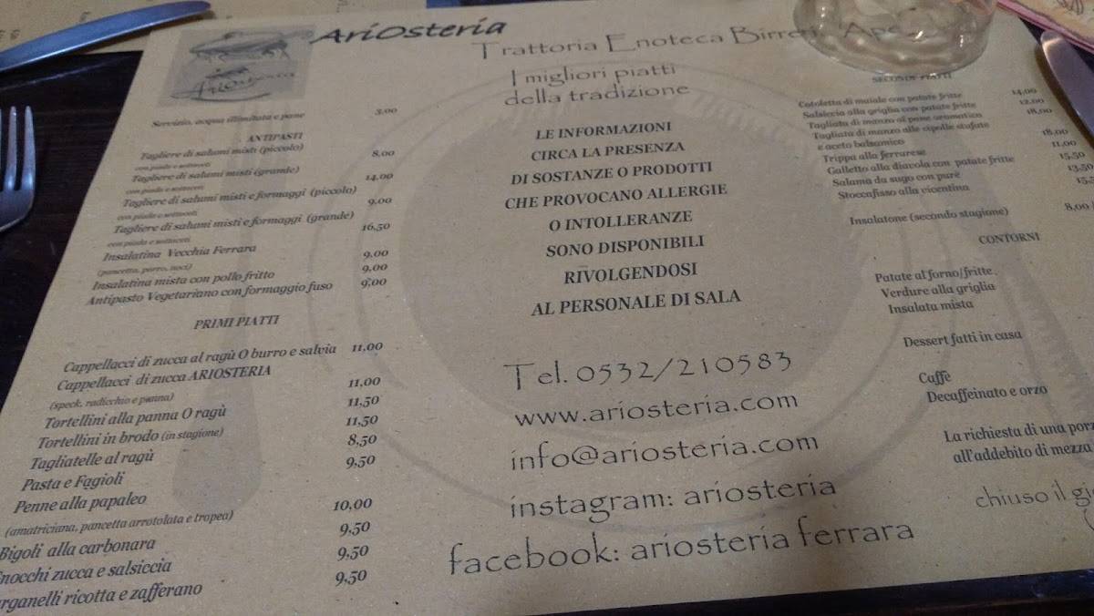 Menu di Ariosteria 
