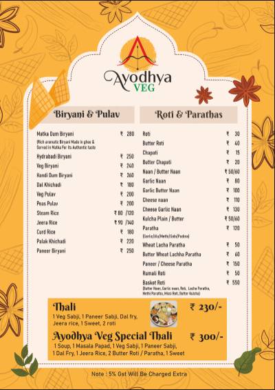 Ayodhya Veg menu