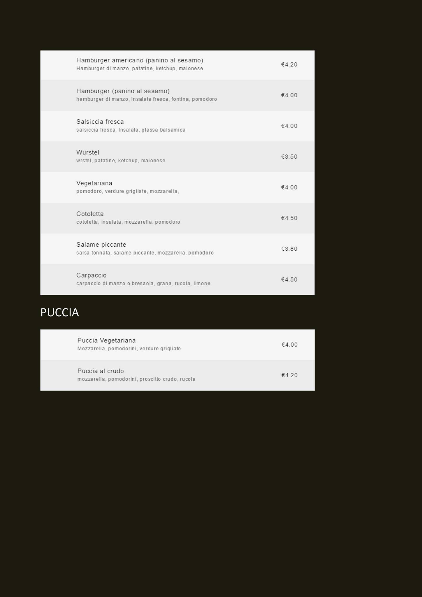Menu di Bar Pizzeria Wengè 