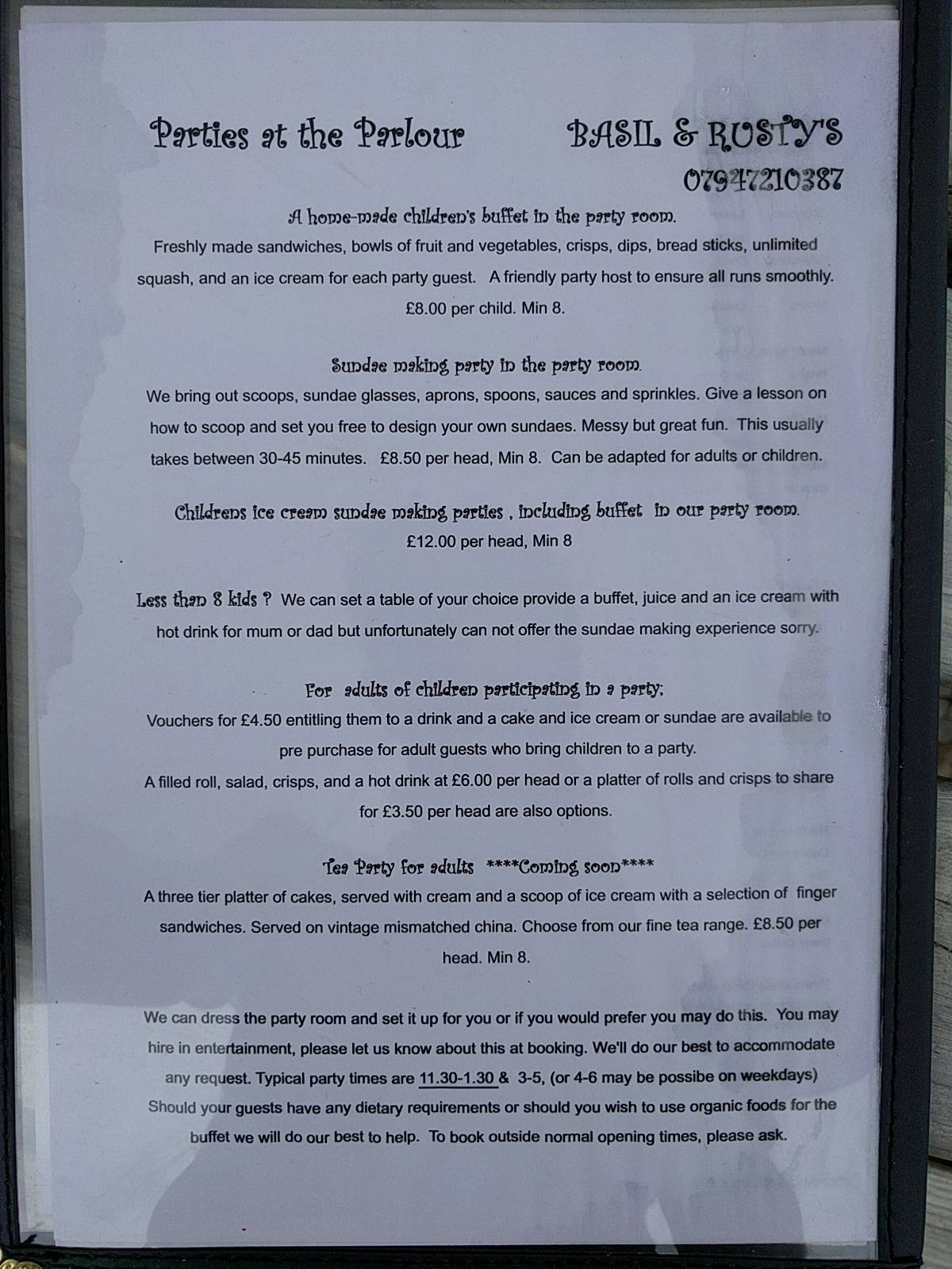 Menu at Basil & Rusty's Ice Cream Parlour restaurant, Machen