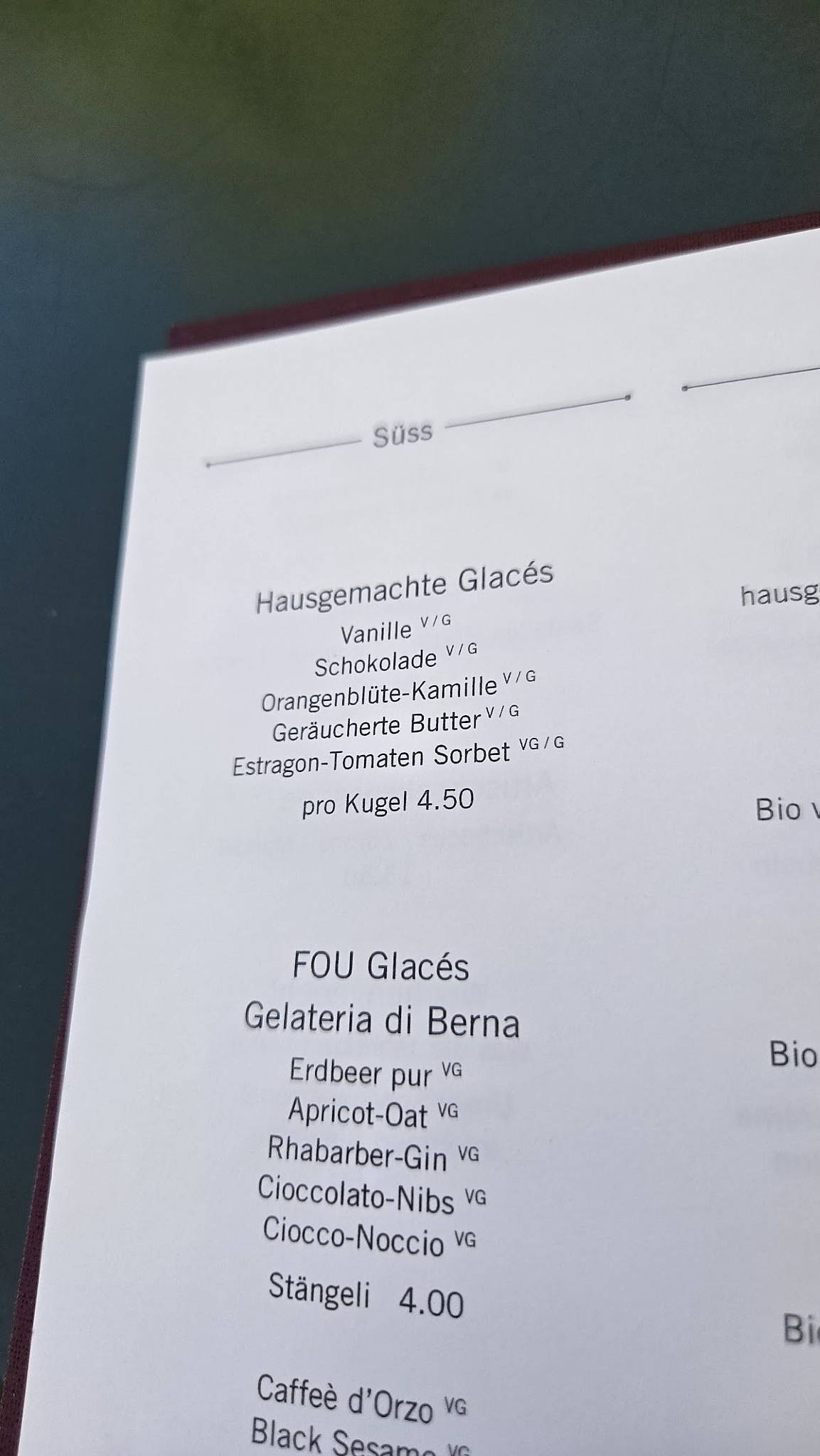 Menu di Restaurant Beyeler in the Park 