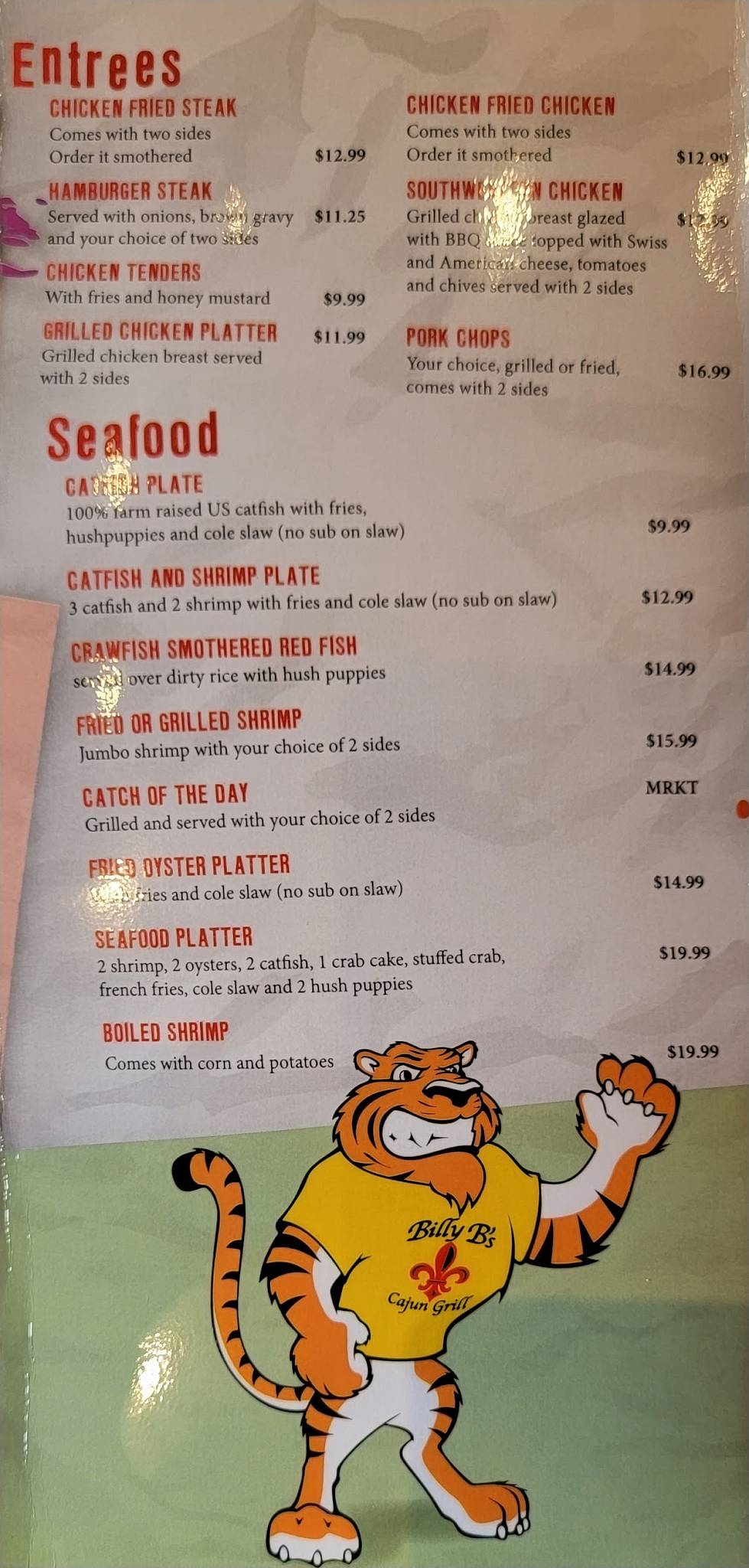 Menu at Billy B's Cajun Grill restaurant, Mansfield