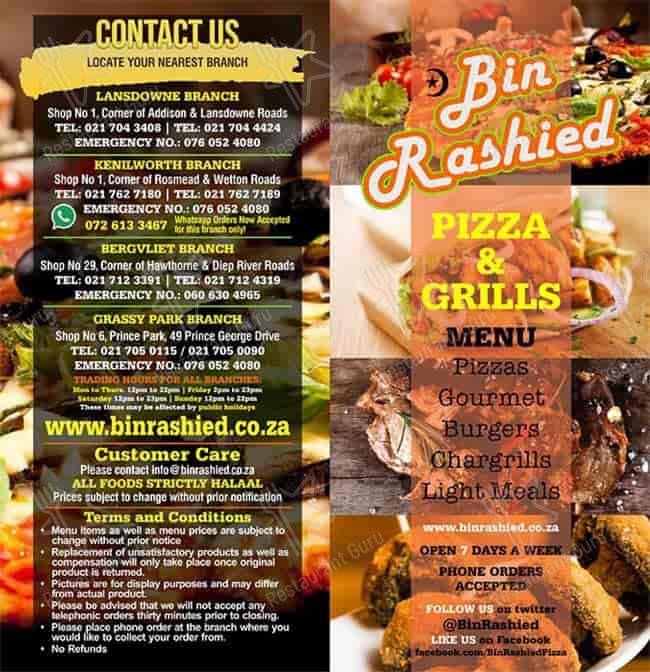 Menu at Bin Rashied Lansdowne restaurant, Cape Town, Shop 1 corner of