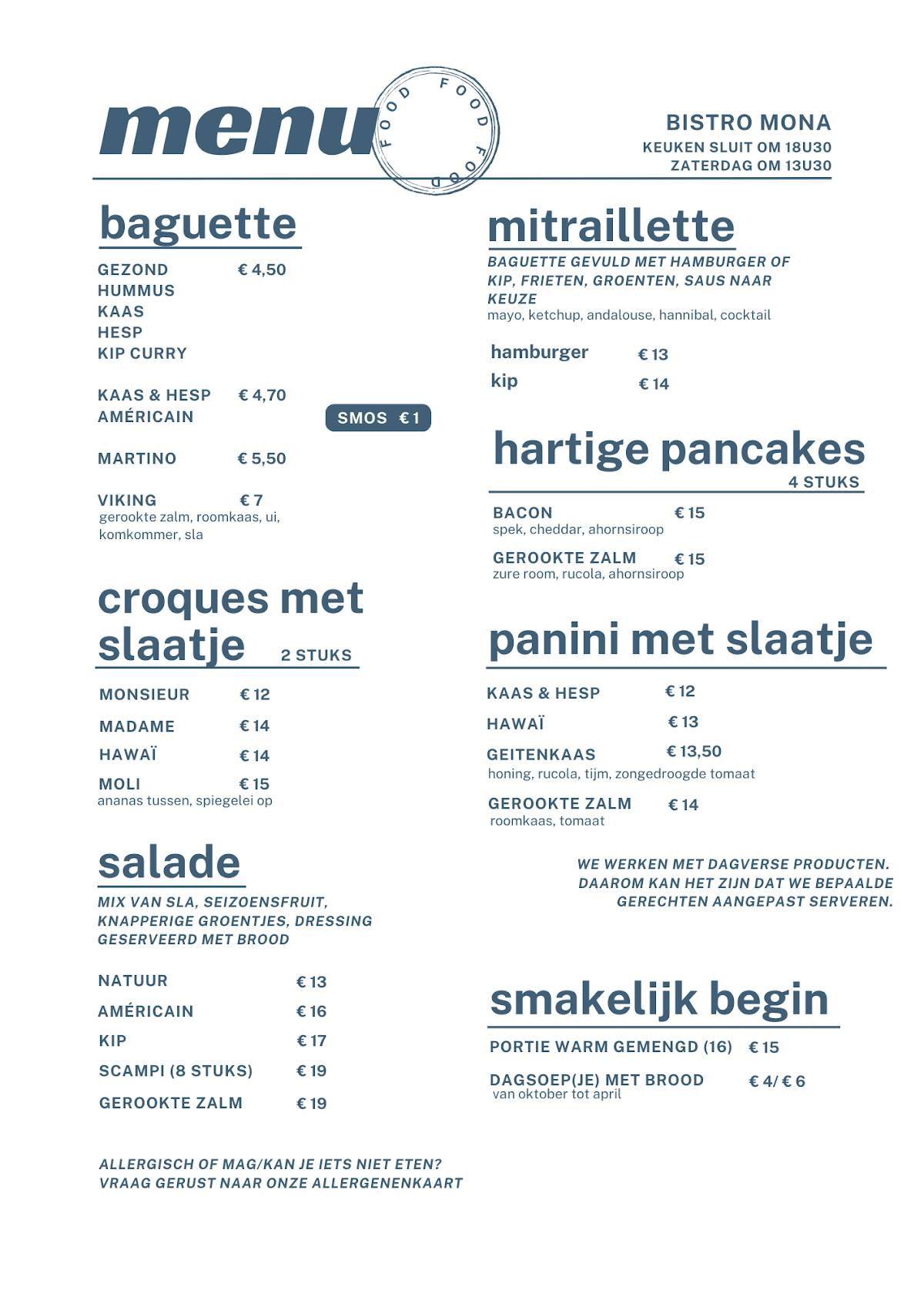 Menu de Bistro Mona Putte
