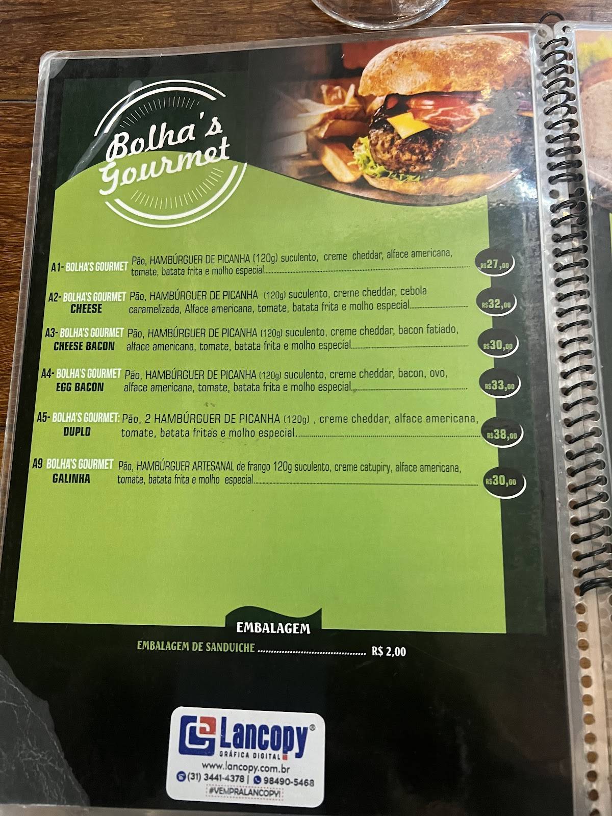 Bolhas burguer cardápio