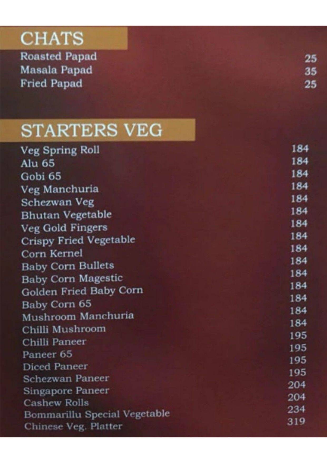 Bommarillu Family Restaurant & Banquet Hall menu