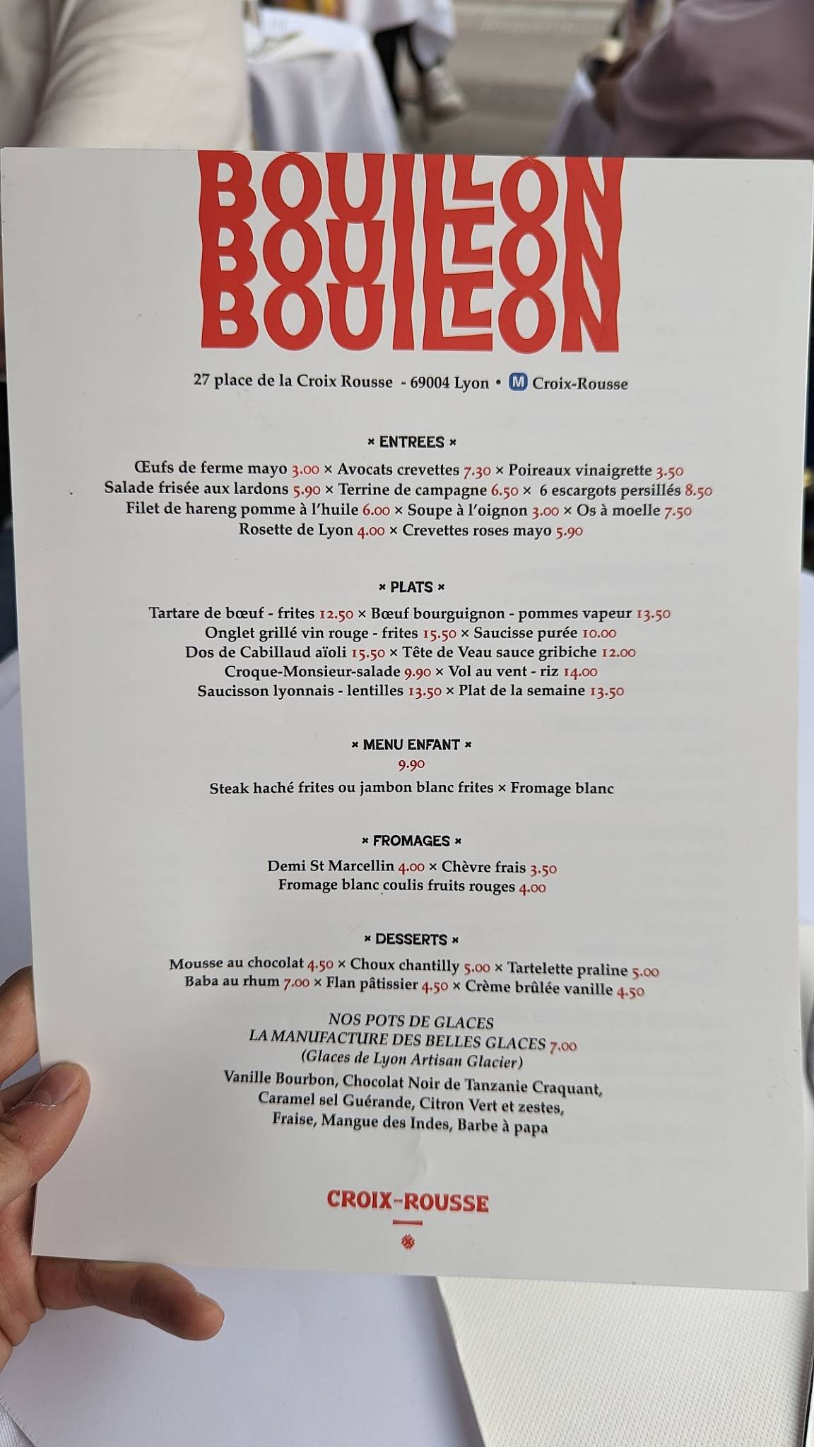 Menu au Le Bouillon CroixRousse restaurant, Lyon