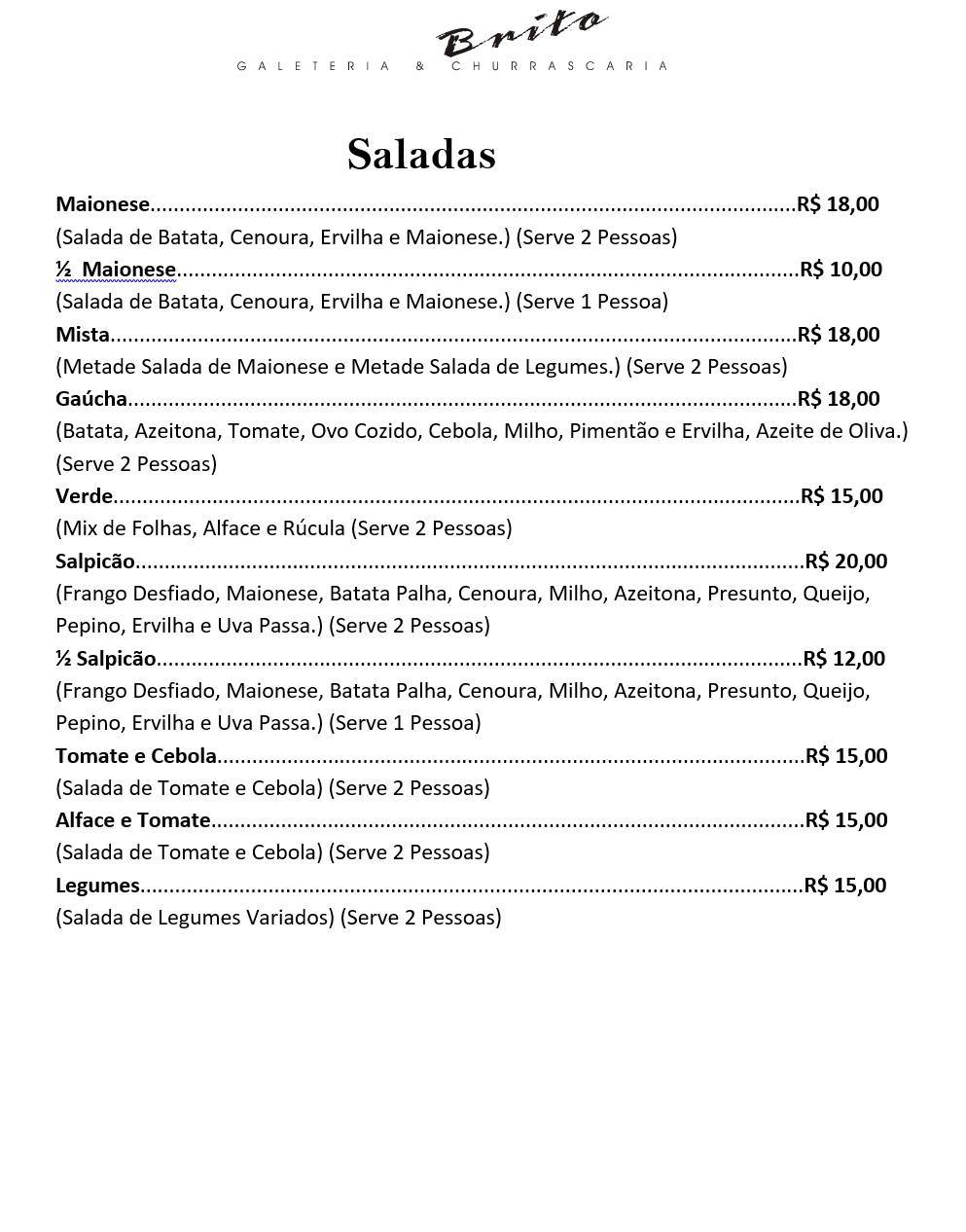 Brito - Galeteria & Churrascaria cardápio