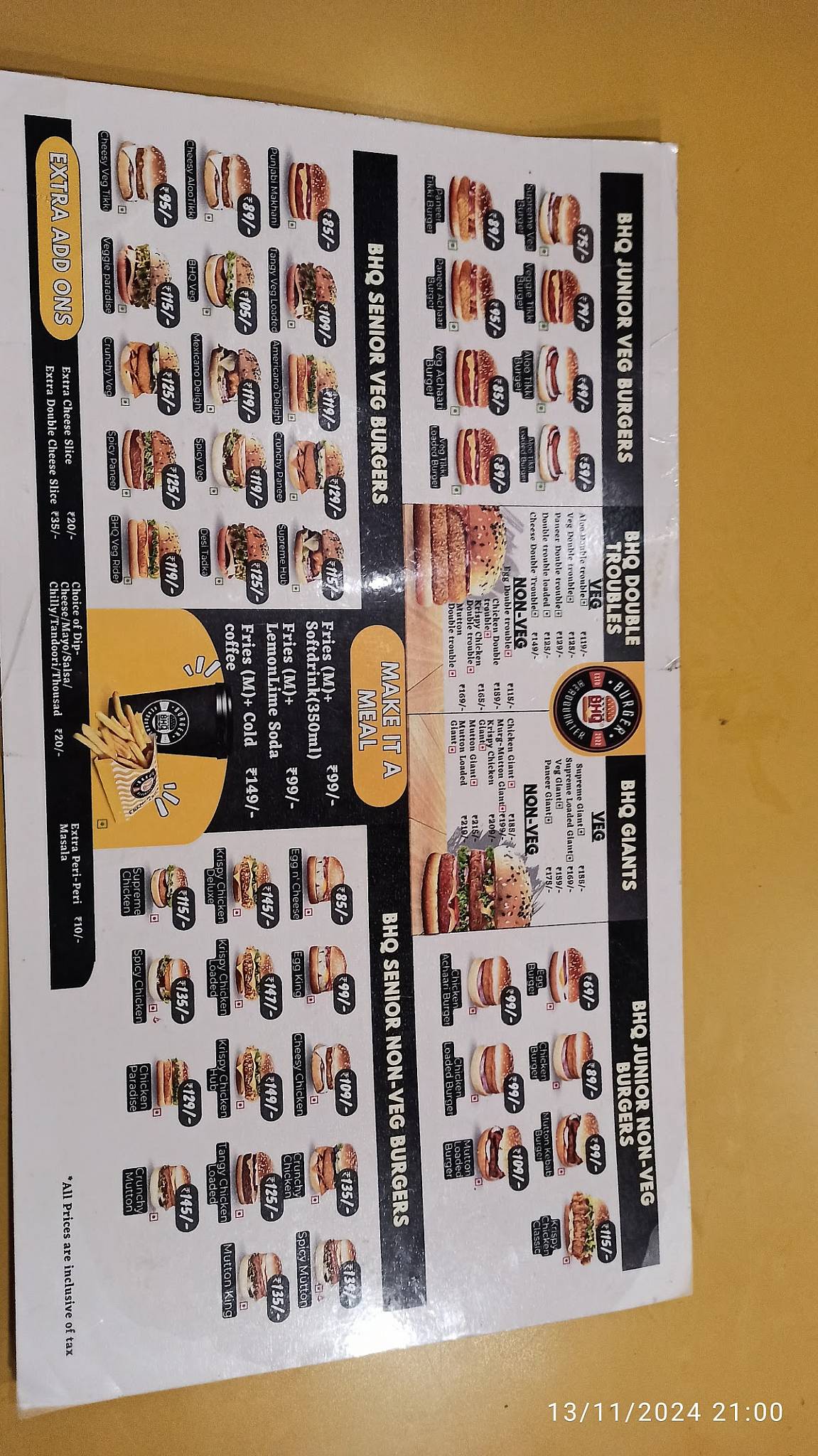 Burger Headquarter, Dewas menu