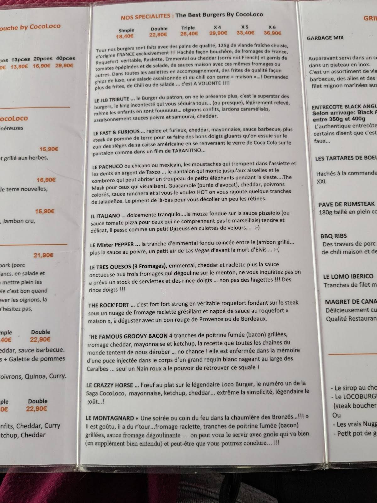Menu de COCO LOCO Plan de Campagne