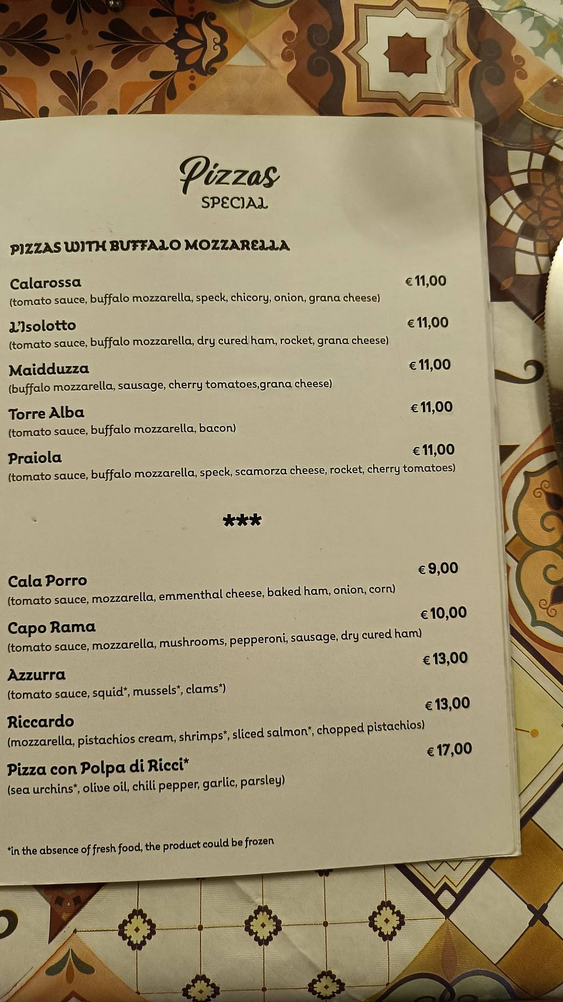 Menu di Calarossa 