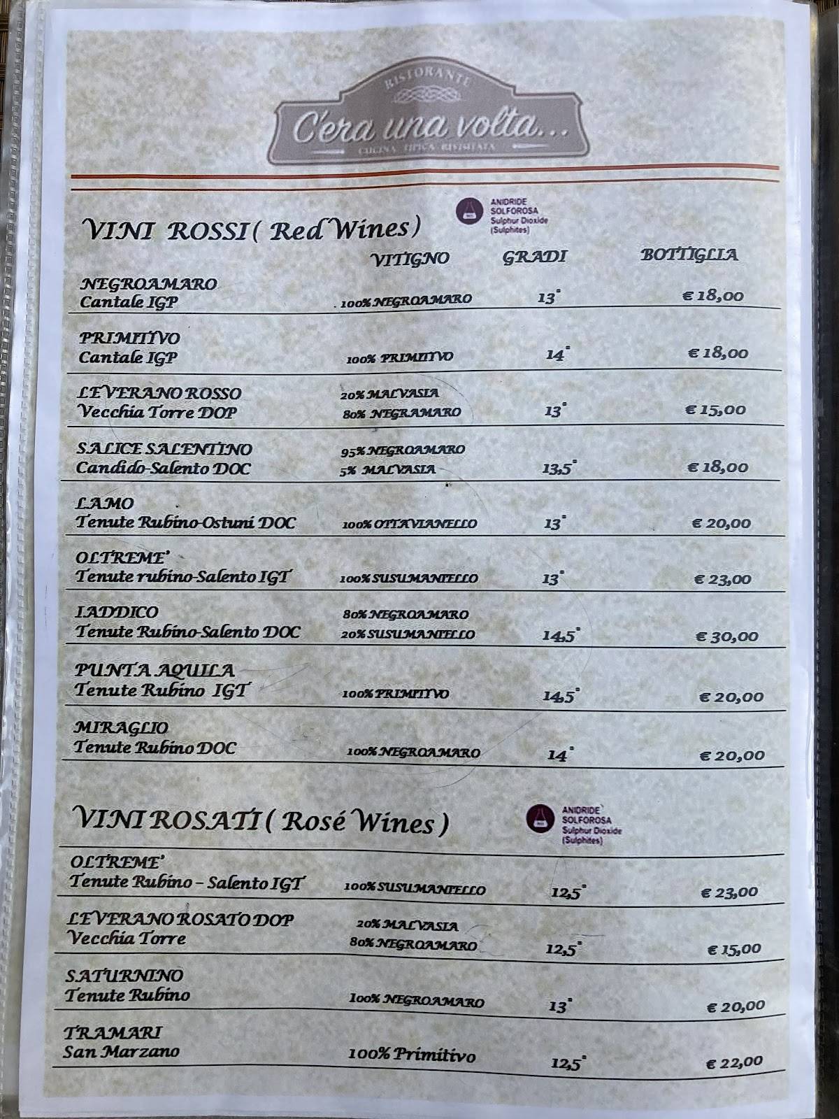 Menu di C'era una volta 