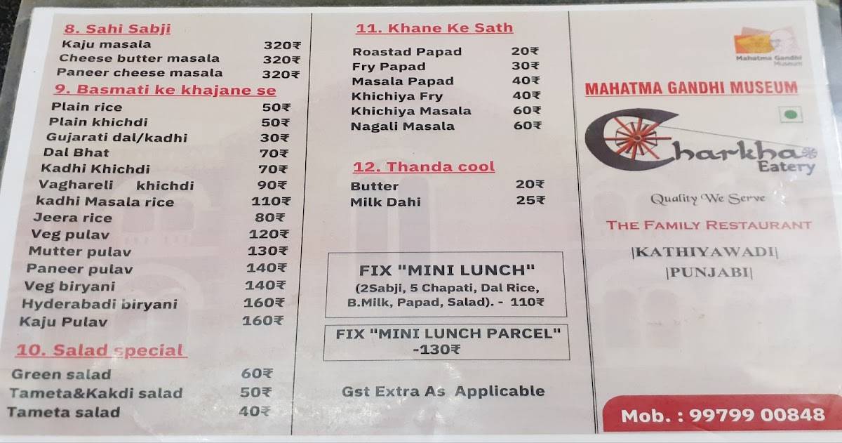 Charkha Eatery menu