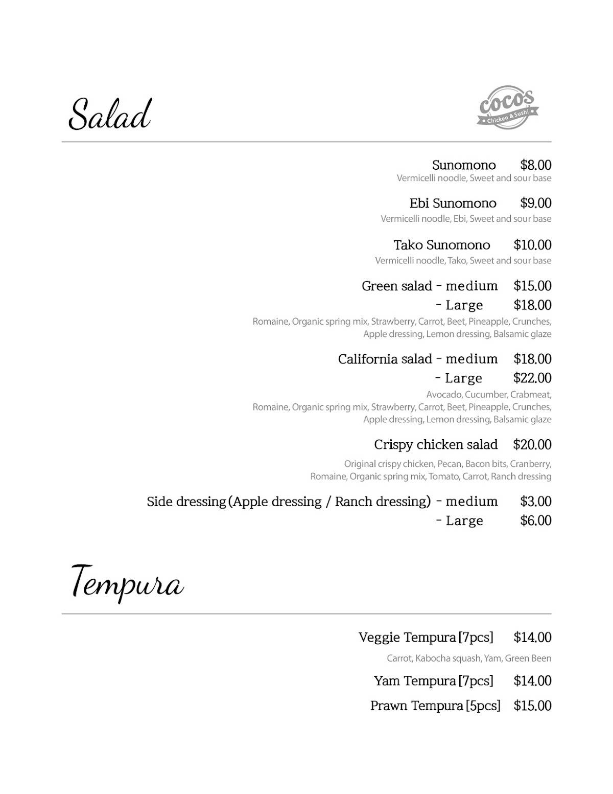 Menu at Cocos chicken and sushi restaurant, Merritt